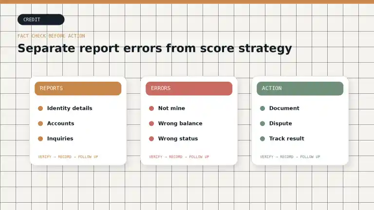 A three-stage credit review diagram for reports, errors, and documented action