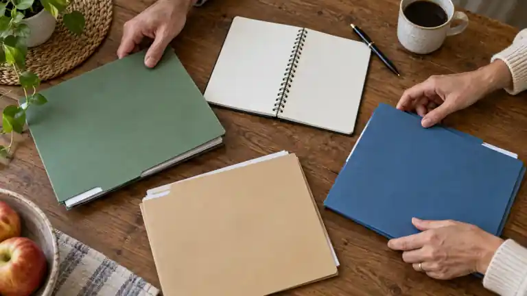 Dos personas organizando tres carpetas junto a una libreta abierta