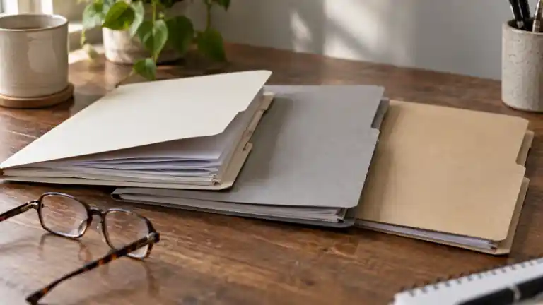 Tres carpetas sencillas y espejuelos de lectura en una mesa