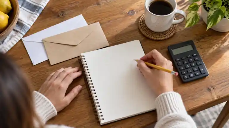 Una persona escribiendo en una libreta junto a dos sobres y una calculadora