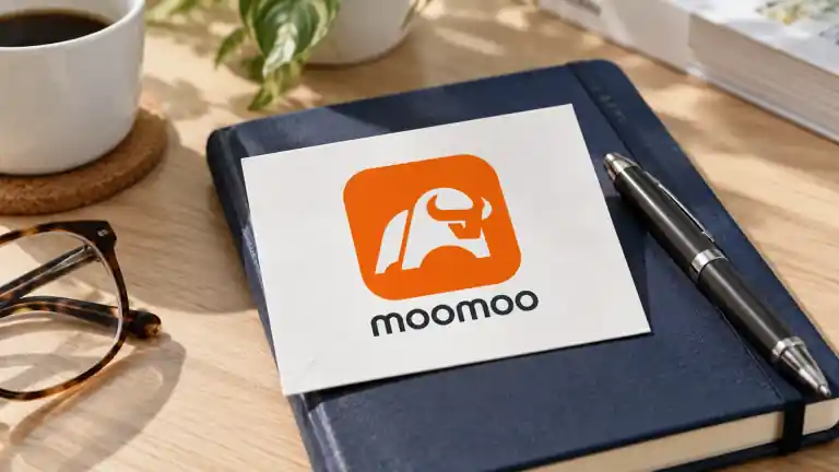 眼鏡とペンの横の青いノートに置かれたMoomooロゴのカード