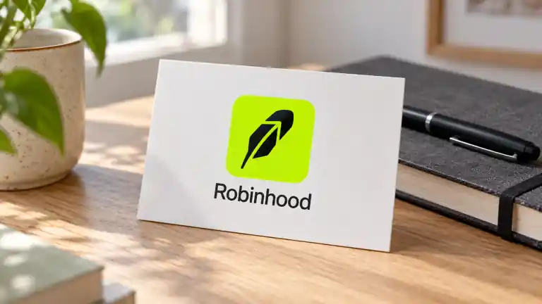 閉じたノートと黒いペンの横に置かれたRobinhoodロゴのカード