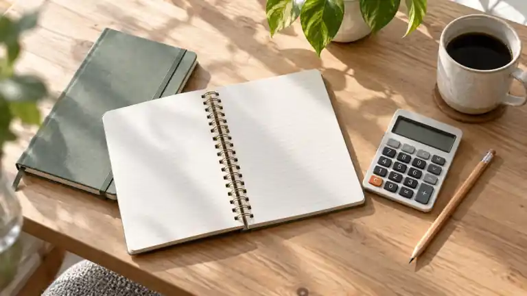 Dos libretas junto a una calculadora y un lápiz en un escritorio de madera