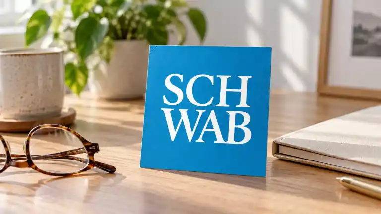 Tarjeta azul con el logo de Charles Schwab junto a espejuelos de lectura
