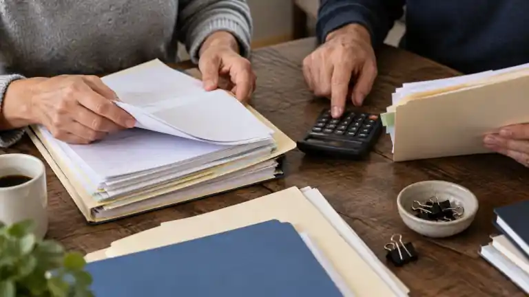 Dos personas revisando documentos con una calculadora en una mesa