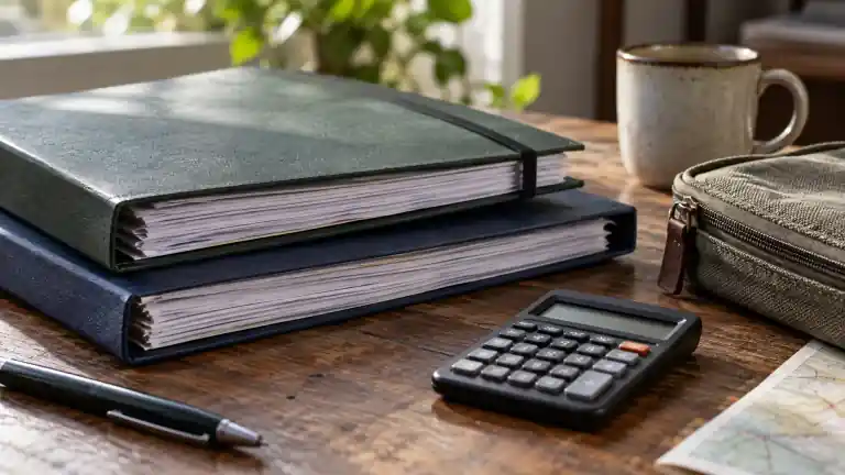 Carpetas y una calculadora junto a un estuche de documentos en un escritorio