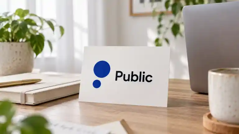 机のノートとノートパソコンの横に置かれたPublicロゴのカード