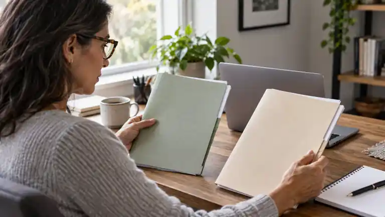 Una persona comparando dos carpetas junto a una laptop en un escritorio de casa