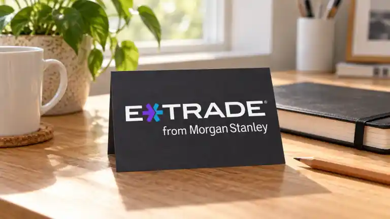 ノートの横に置かれたE*TRADE from Morgan Stanleyロゴのカード