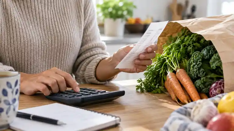 新鮮な野菜の横で電卓を使いながら買い物のレシートを確認する人