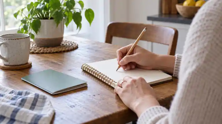 Manos trabajando en una libreta junto a un lápiz y un folleto