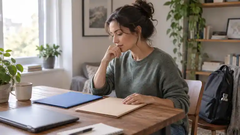 Una persona comparando dos carpetas de documentos junto a una mochila