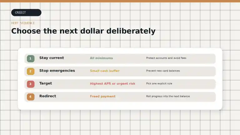 A four-step debt repayment sequence covering current minimums, emergency cash, a target balance, and payment rollover