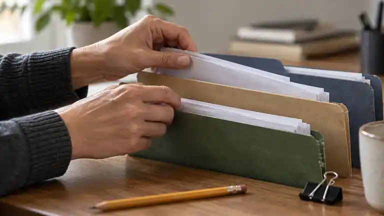 机の上で3冊の書類フォルダーを整理する手元