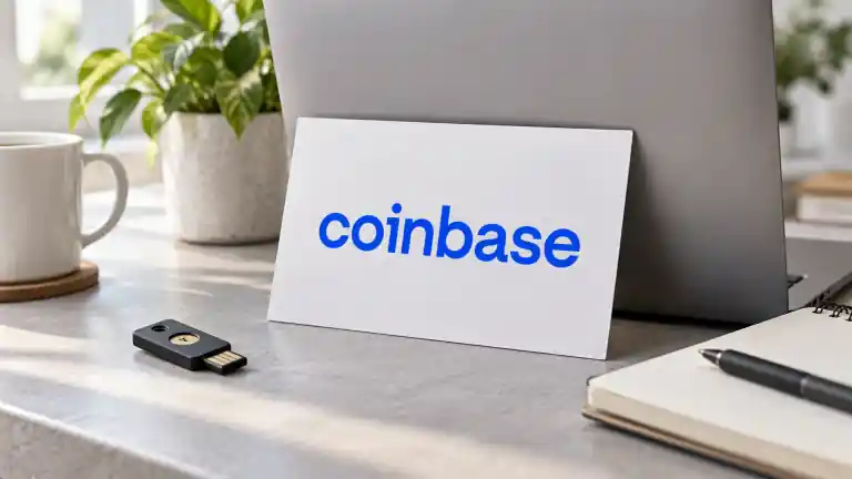 ノートパソコンとセキュリティキーの横に置かれたCoinbaseロゴのカード