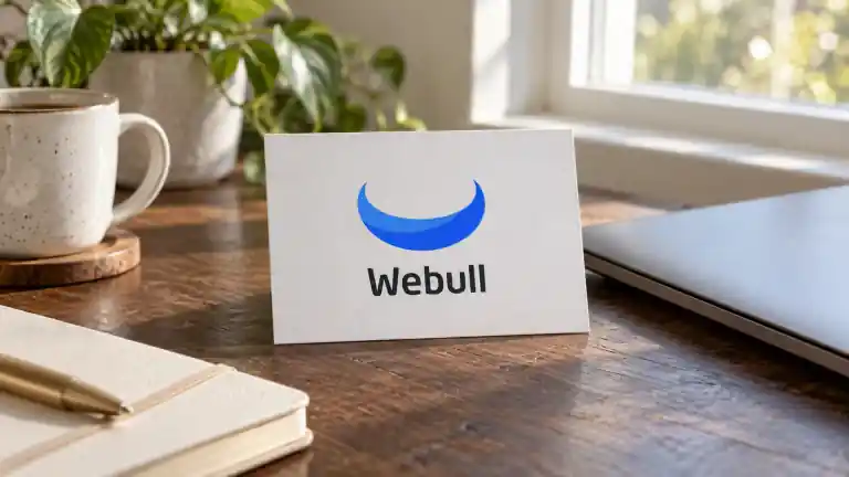 ノートパソコンとクリーム色のノートの横に置かれたWebullロゴのカード
