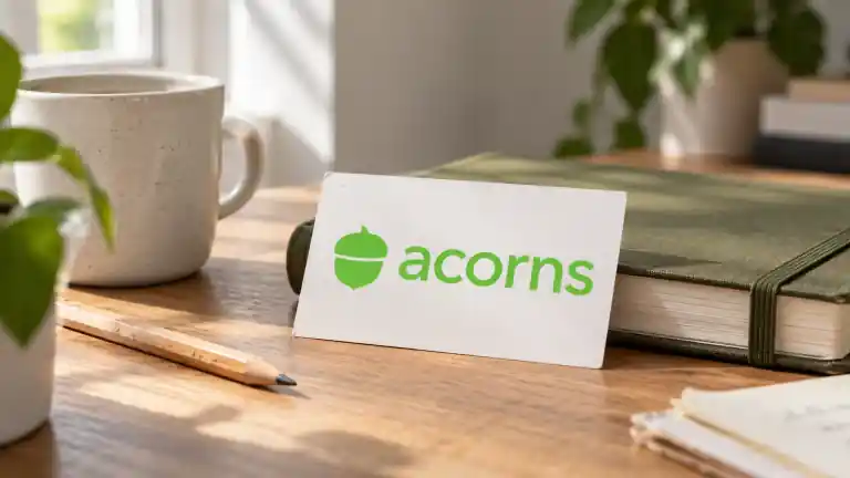 Tarjeta con el logo de Acorns junto a una libreta verde y un lápiz