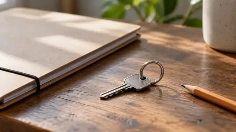 Una llave de casa junto a una libreta cerrada y un lápiz en una mesa de madera