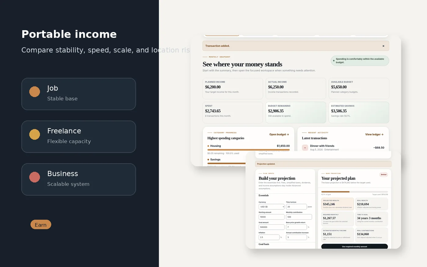 Portable-income workspace comparing employment, freelance, and business paths