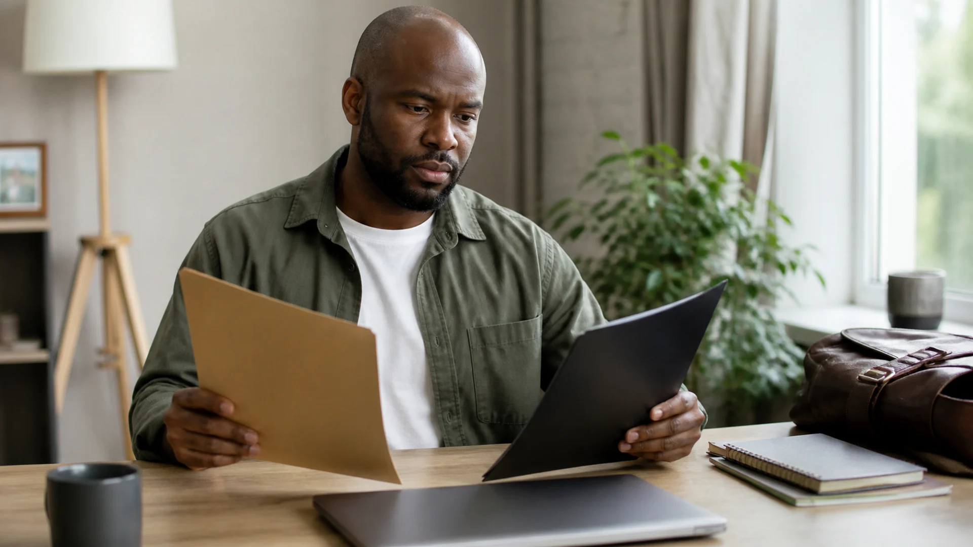 A worker comparing two document folders at a home desk beside a commuter bag