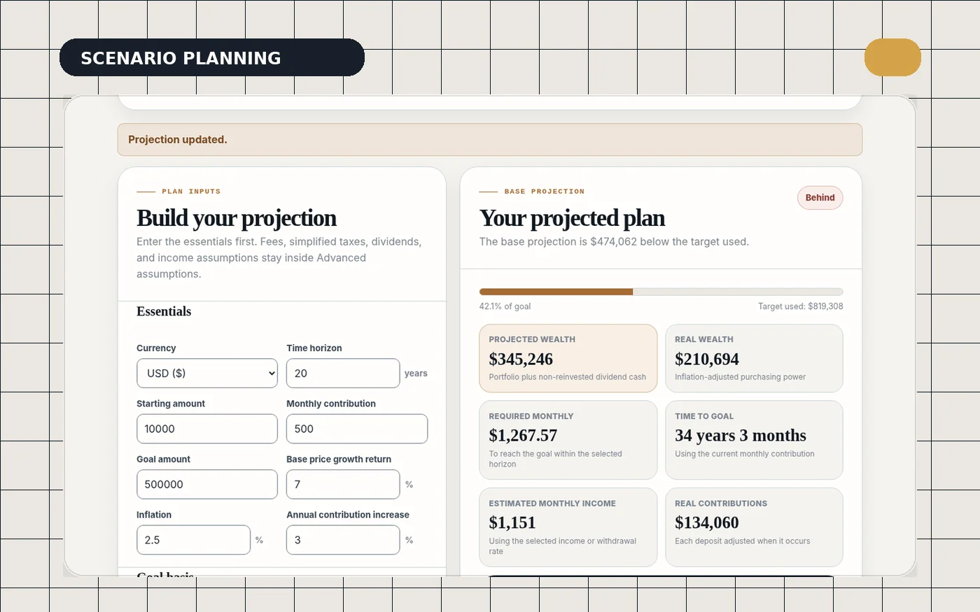 Investment calculator interface used to compare long-term growth scenarios