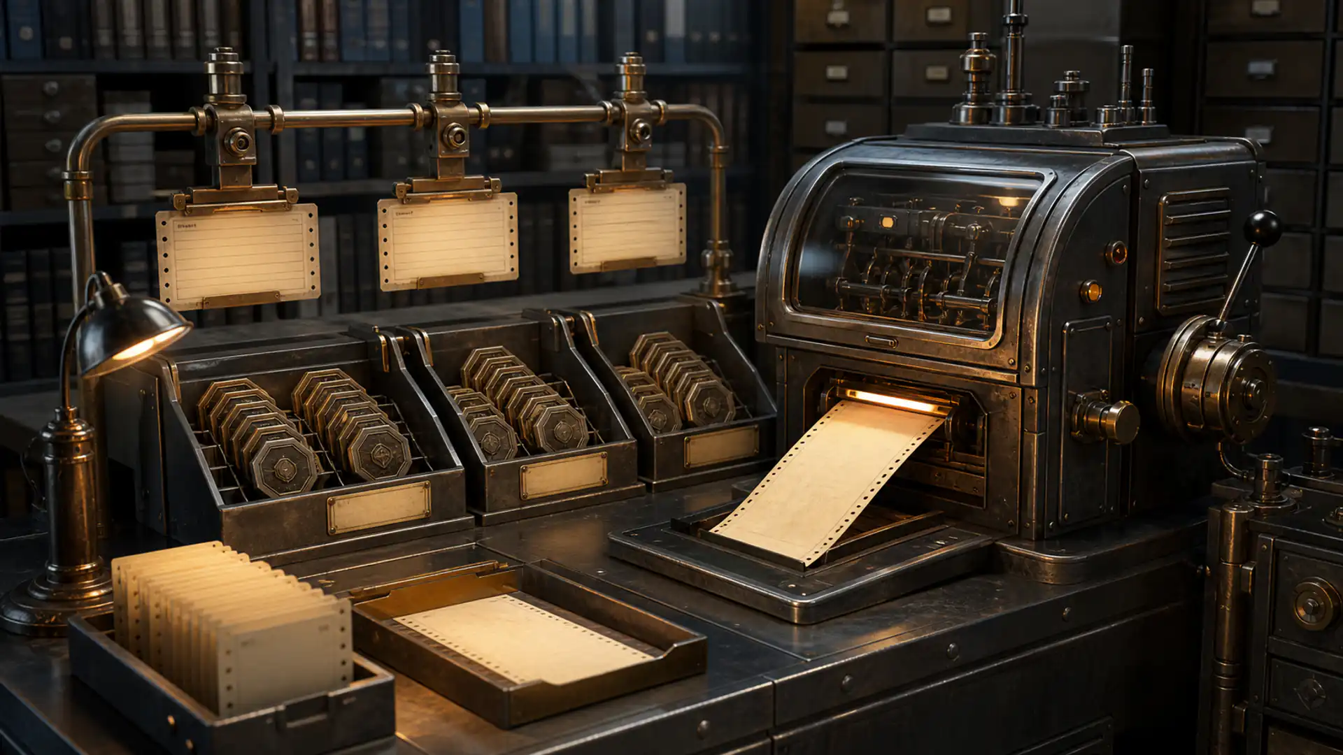 Dated securities lots sit in separate archive trays beside a machine that confirms which shares were sold