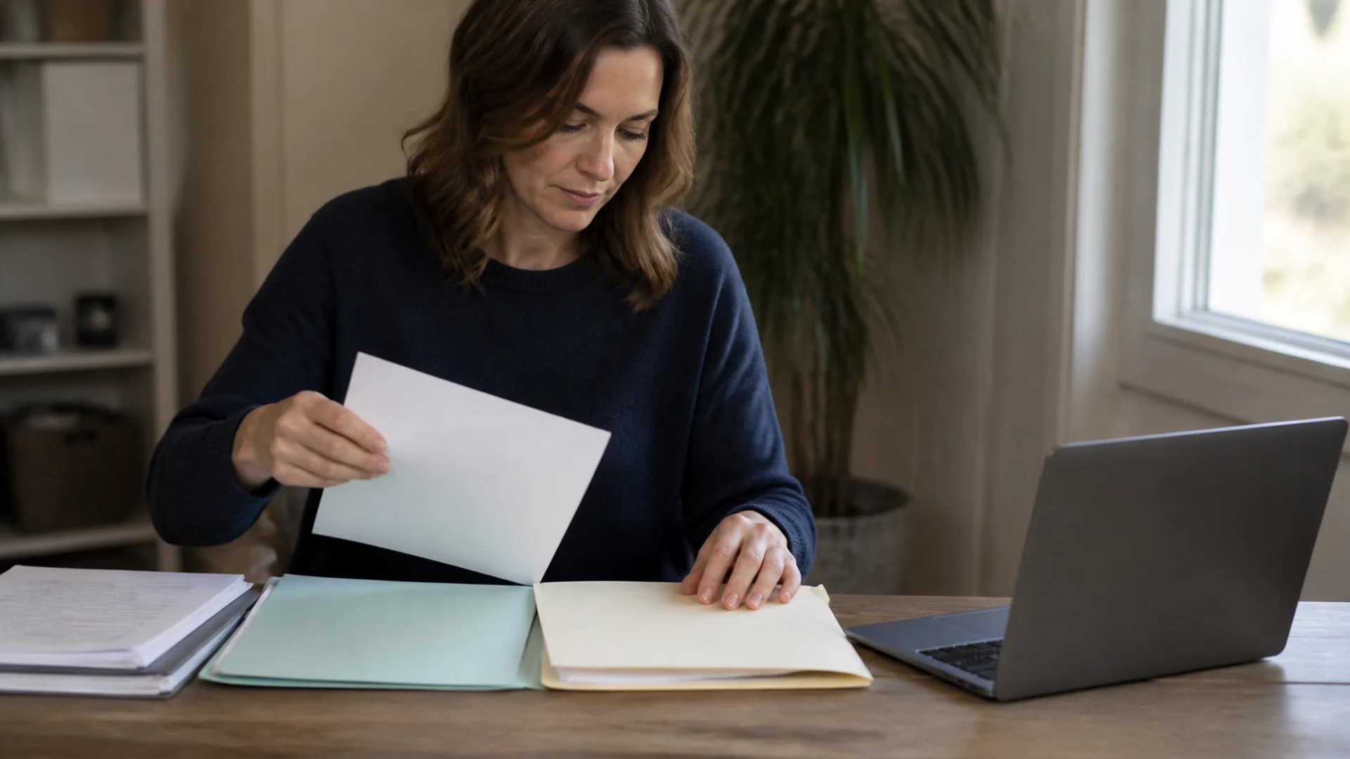 An investor compares account documents beside a laptop at a home desk