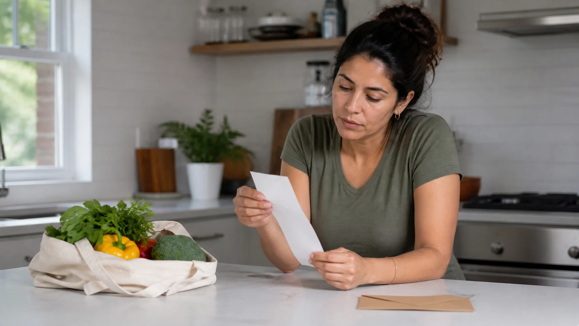 A worker reviews a grocery receipt beside everyday groceries and a pay envelope