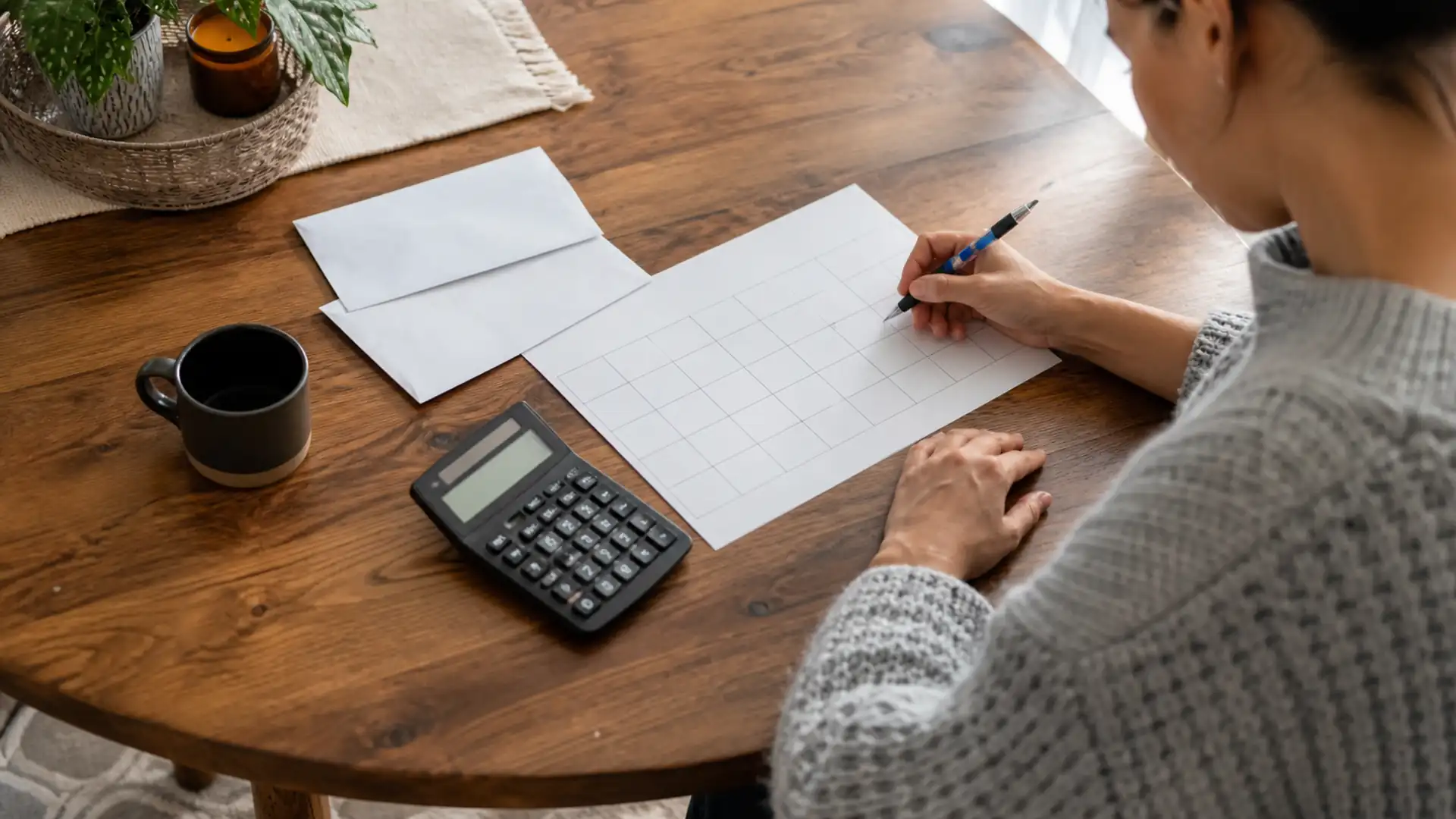 A person planning a paycheck calendar beside two envelopes and a calculator